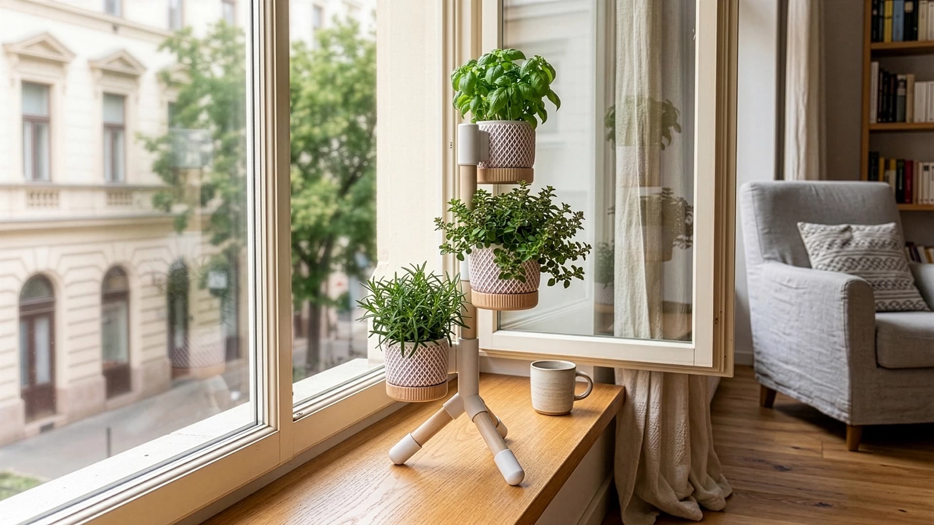 Flóra cserepes növénytartó az ablakpárkányon